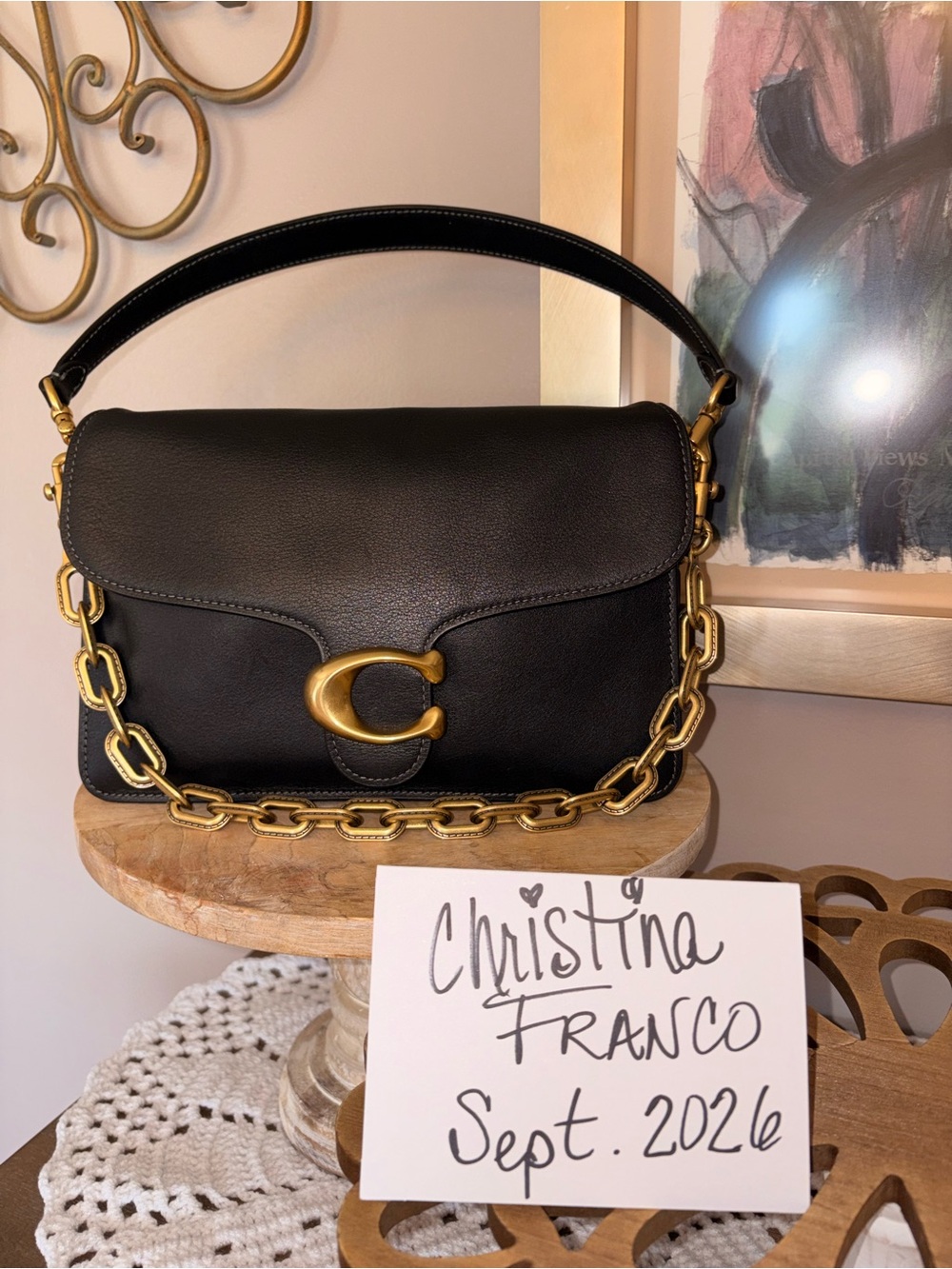 Coach Black Leather Chain Tabby 26 Bag with brass hardware